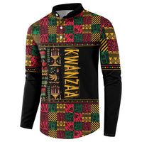 Button sweatshirt in black with colorful Kwanzaa mural front and vertical KWANZAA lettering