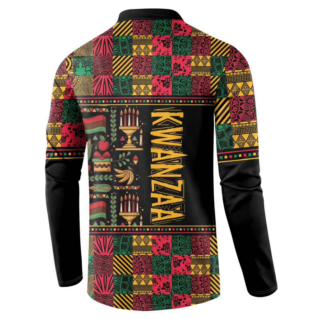 Button sweatshirt with black sleeves and colorful back print featuring tall KWANZAA lettering