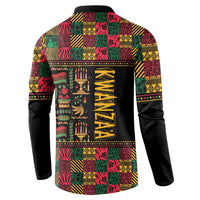 Button sweatshirt with black sleeves and colorful back print featuring tall KWANZAA lettering