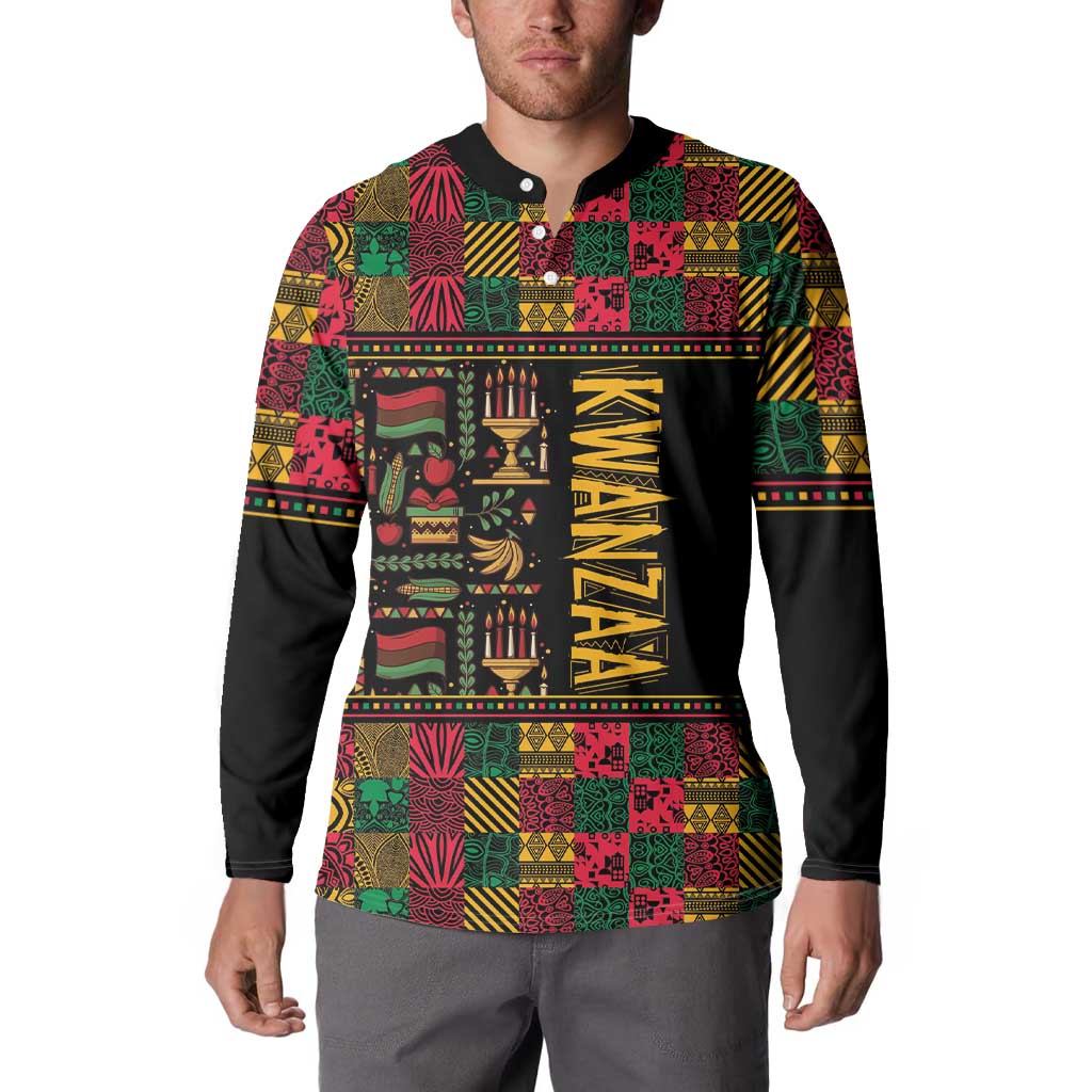 Kwanzaa African-pattern button sweatshirt with black collar and bold front graphic