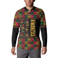 Kwanzaa African-pattern button sweatshirt with black collar and bold front graphic