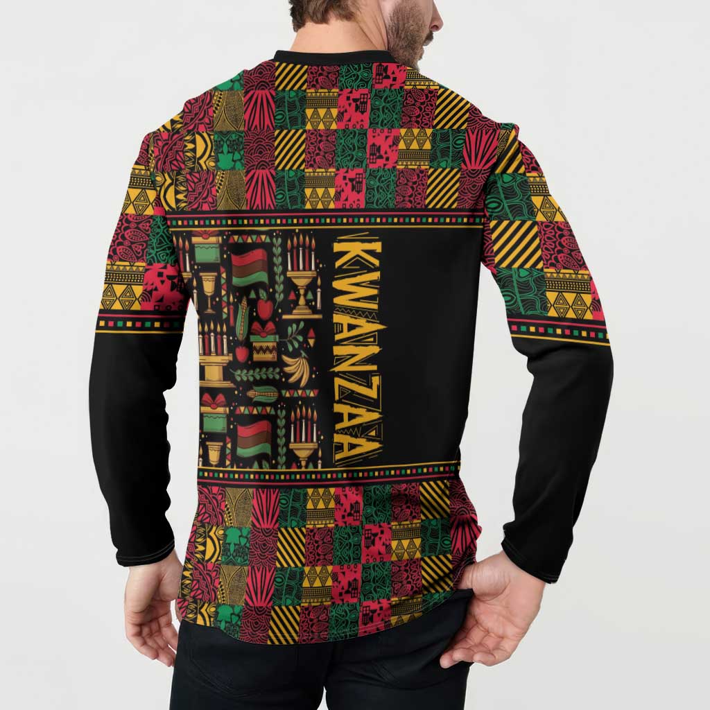 Back view of African-pattern button sweatshirt with black sleeves and KWANZAA lettering panel