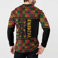 Back view of African-pattern button sweatshirt with black sleeves and KWANZAA lettering panel
