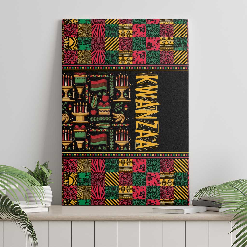 Kwanzaa African pattern canvas wall art, black center with colorful grid and KWANZAA lettering