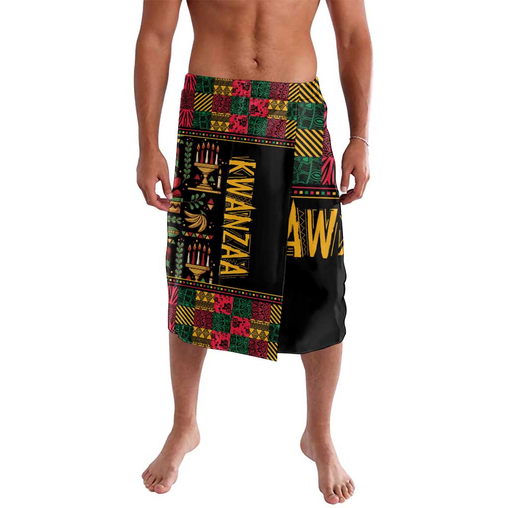 Black lavalava wrap skirt with colorful Kwanzaa pattern panel