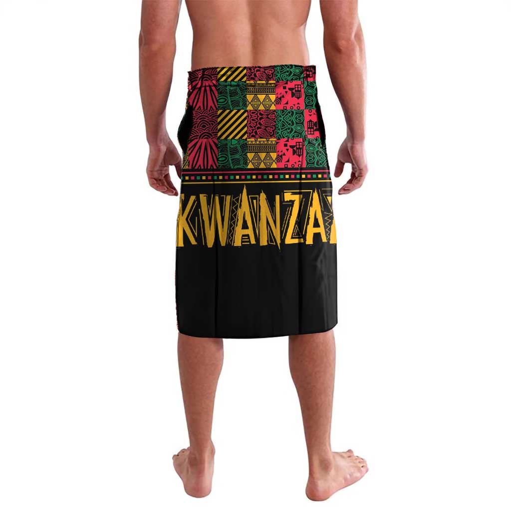 Black lavalava wrap skirt with multicolor Kwanzaa graphic panel