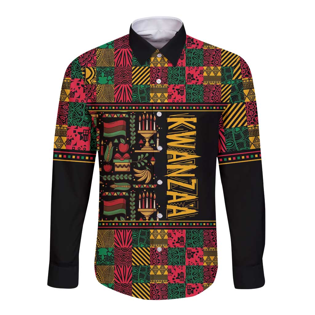 Black long-sleeve button shirt with multicolor African patchwork print, front view