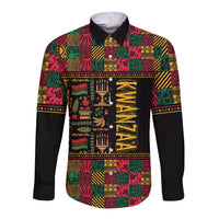 Black long-sleeve button shirt with multicolor African patchwork print, front view
