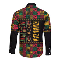 Black long-sleeve button shirt with multicolor African patchwork print, back view
