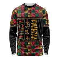 Unisex long-sleeve shirt, black with colorful Kwanzaa African pattern and gold text