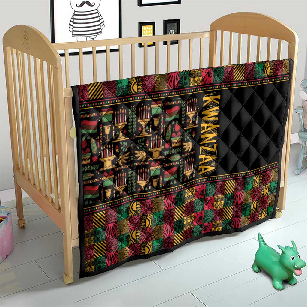 Kwanzaa quilt for nursery, black quilted side with colorful geometric African pattern border