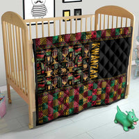 Kwanzaa quilt for nursery, black quilted side with colorful geometric African pattern border