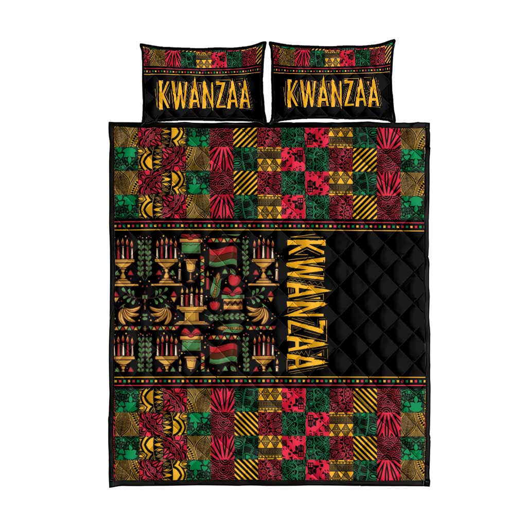 Black quilt bed set with colorful African patchwork, KWANZAA pillow covers, quilted texture