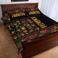 Black quilt bed set with multicolor African patchwork top and two KWANZAA pillow covers