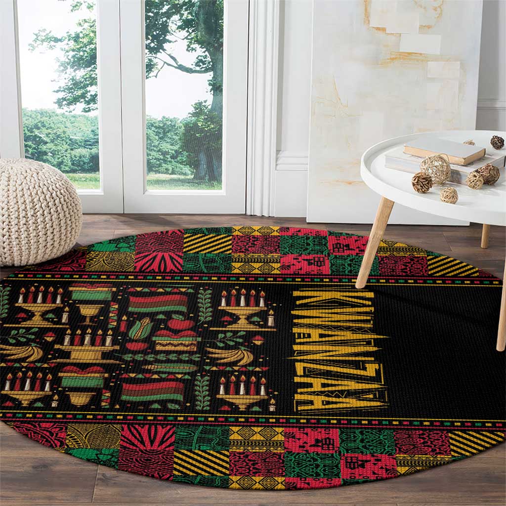 Round black rug with colorful African pattern strips and yellow vertical word on center