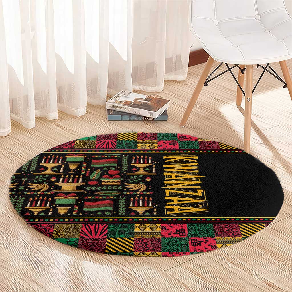 Round black rug with colorful African block designs and yellow vertical Kwanzaa-style lettering