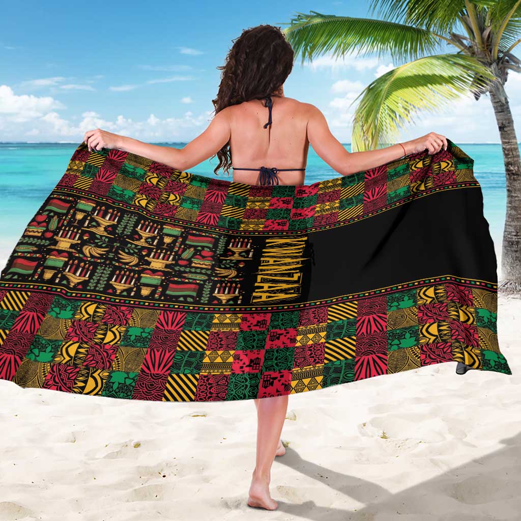 Black African pattern sarong draped on back, multicolor geometric motif print