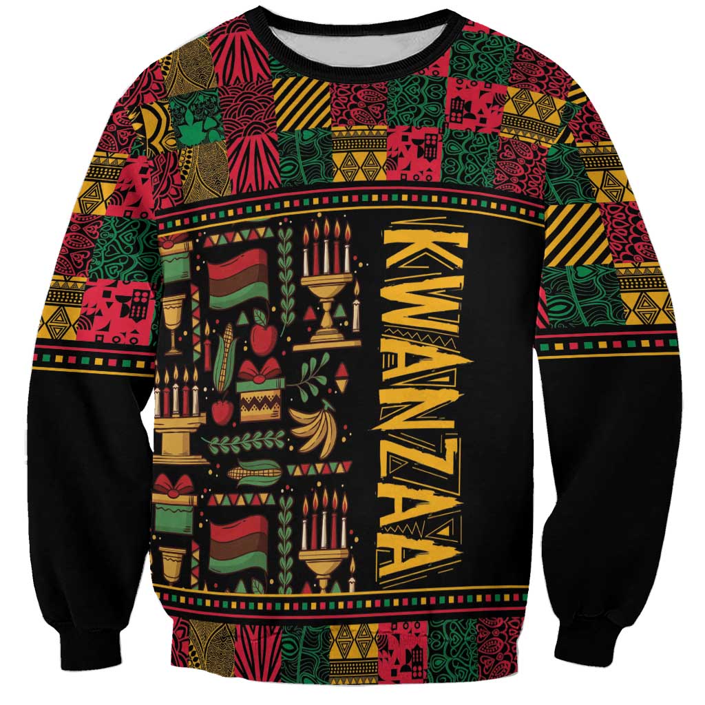 Unisex African pattern sweatshirt with Kwanzaa text graphic and colorful border, black sleeves