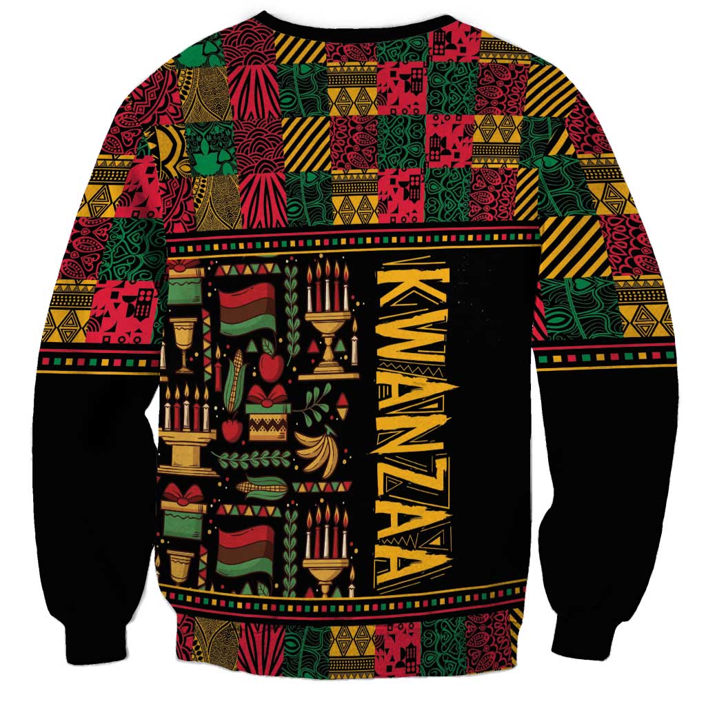 Unisex African pattern sweatshirt with large Kwanzaa graphic panel, black sleeves