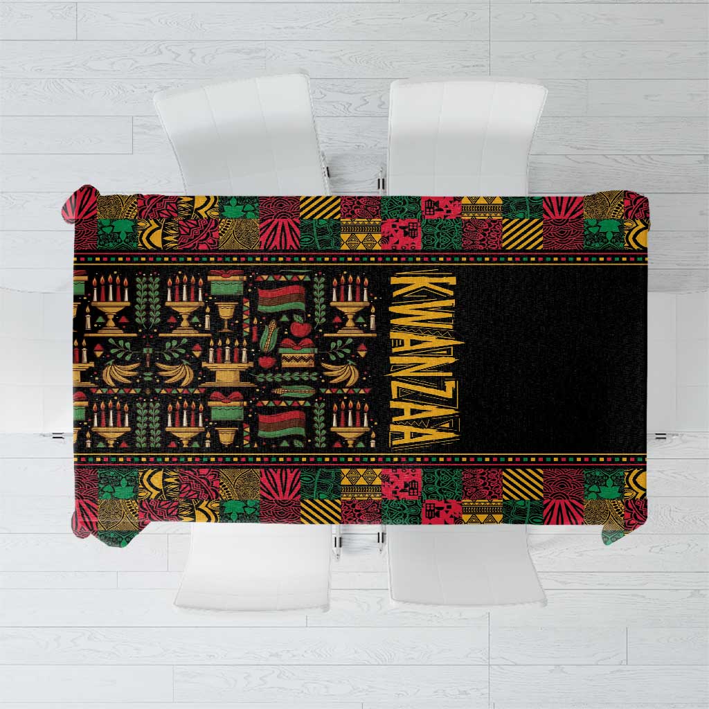 Black tablecloth with multicolor African-inspired patchwork pattern and border trim