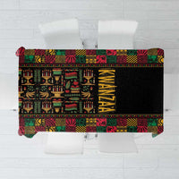 Black tablecloth with multicolor African-inspired patchwork pattern and border trim