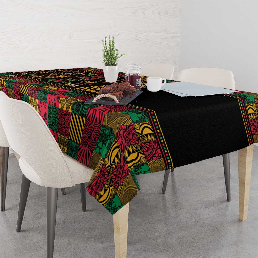 Black tablecloth with vibrant African pattern, multicolor panel print on table and edge