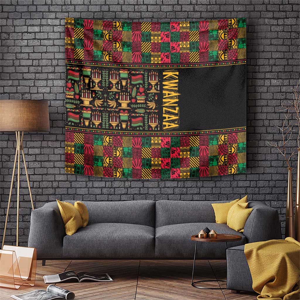 Kwanzaa-themed African pattern tapestry with black panel and colorful geometric border