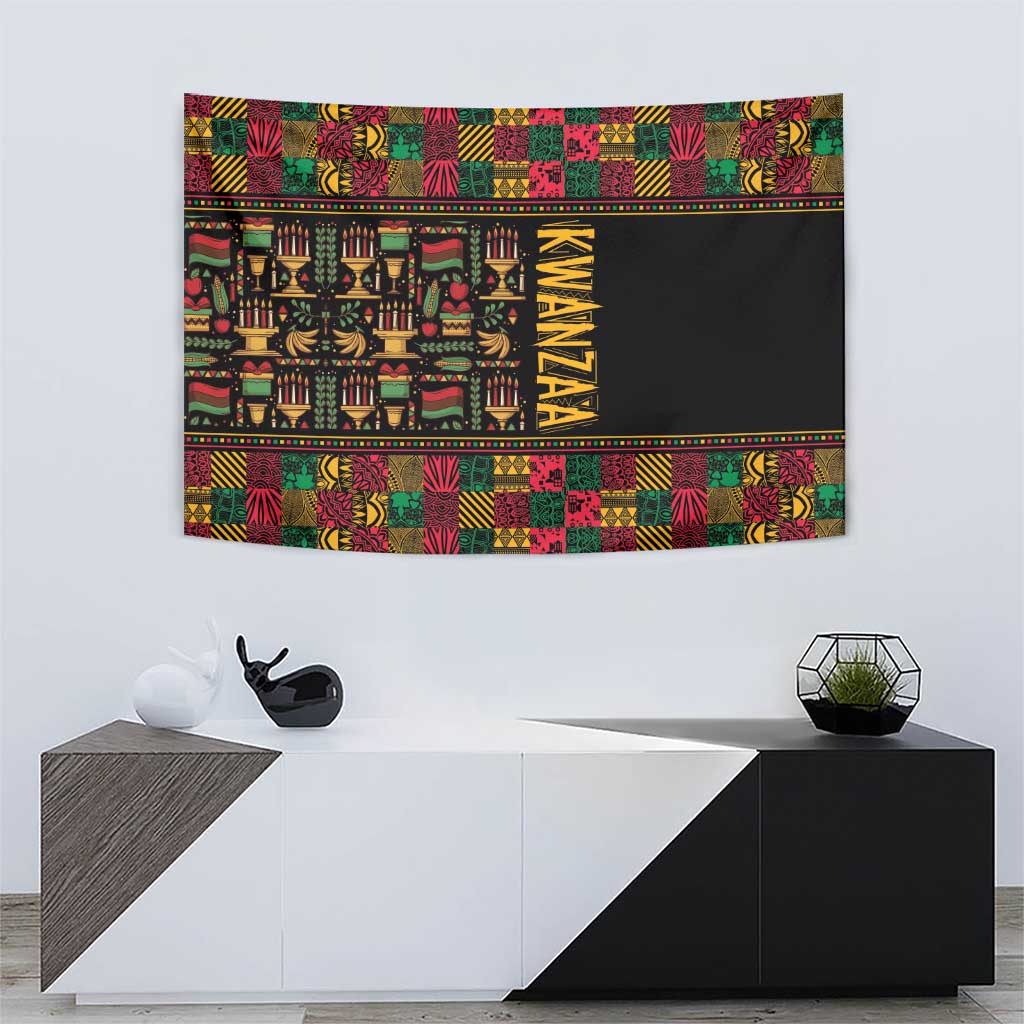 Patchwork Kwanzaa tapestry with black panel, ceremonial motifs, and vertical “KWANZAA” text