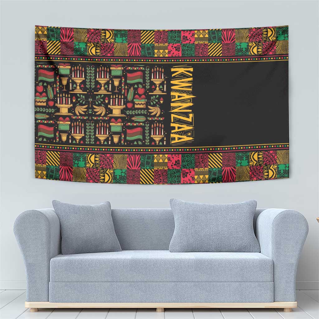 Kwanzaa-themed African tapestry with black field, multicolor ceremonial motifs, and border