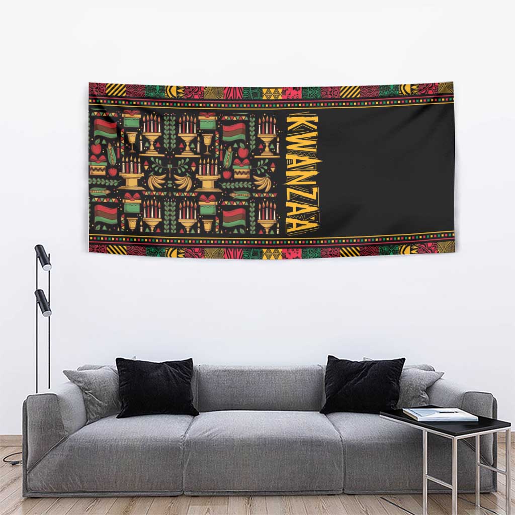 Black-and-multicolor Kwanzaa tapestry with vertical gold “KWANZAA” and checker pattern border