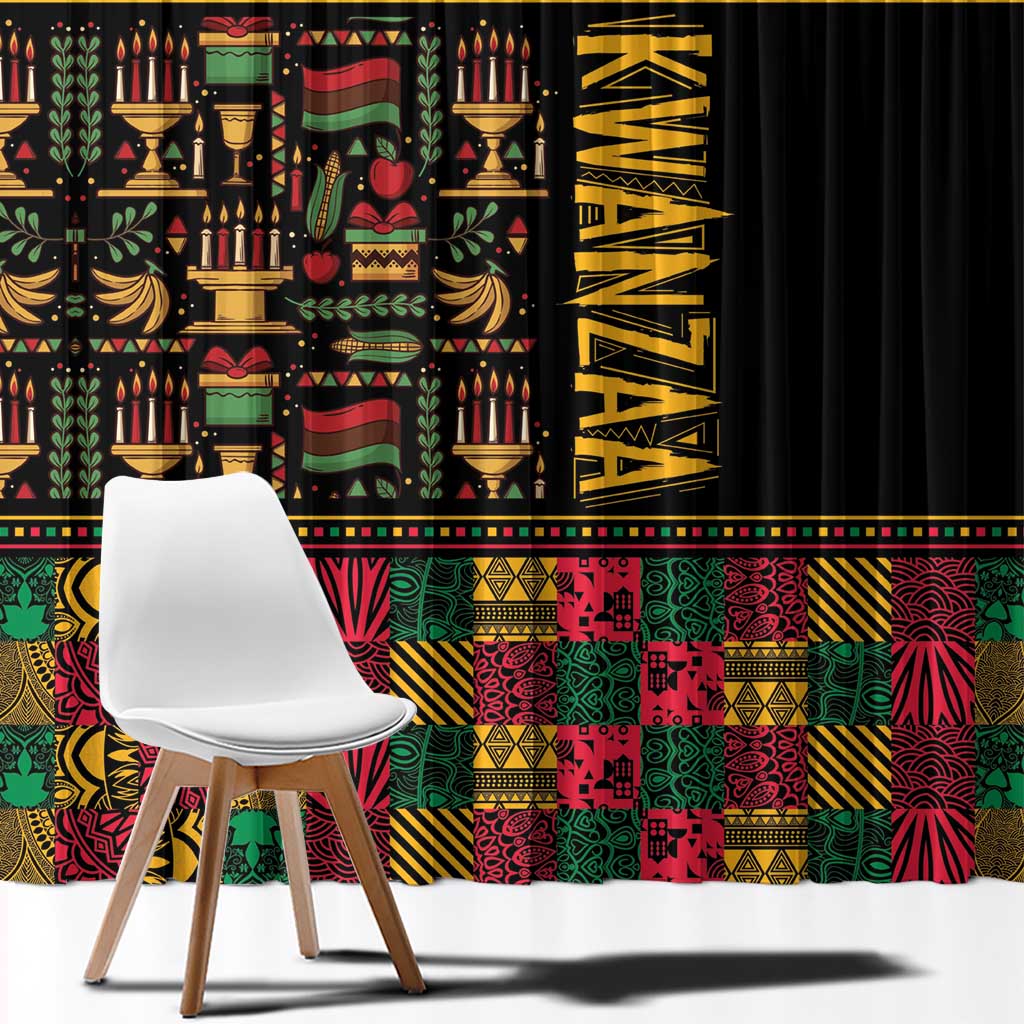 African pattern window curtain with black side panel and gold KWANZAA lettering