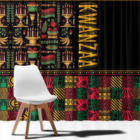 African pattern window curtain with black side panel and gold KWANZAA lettering