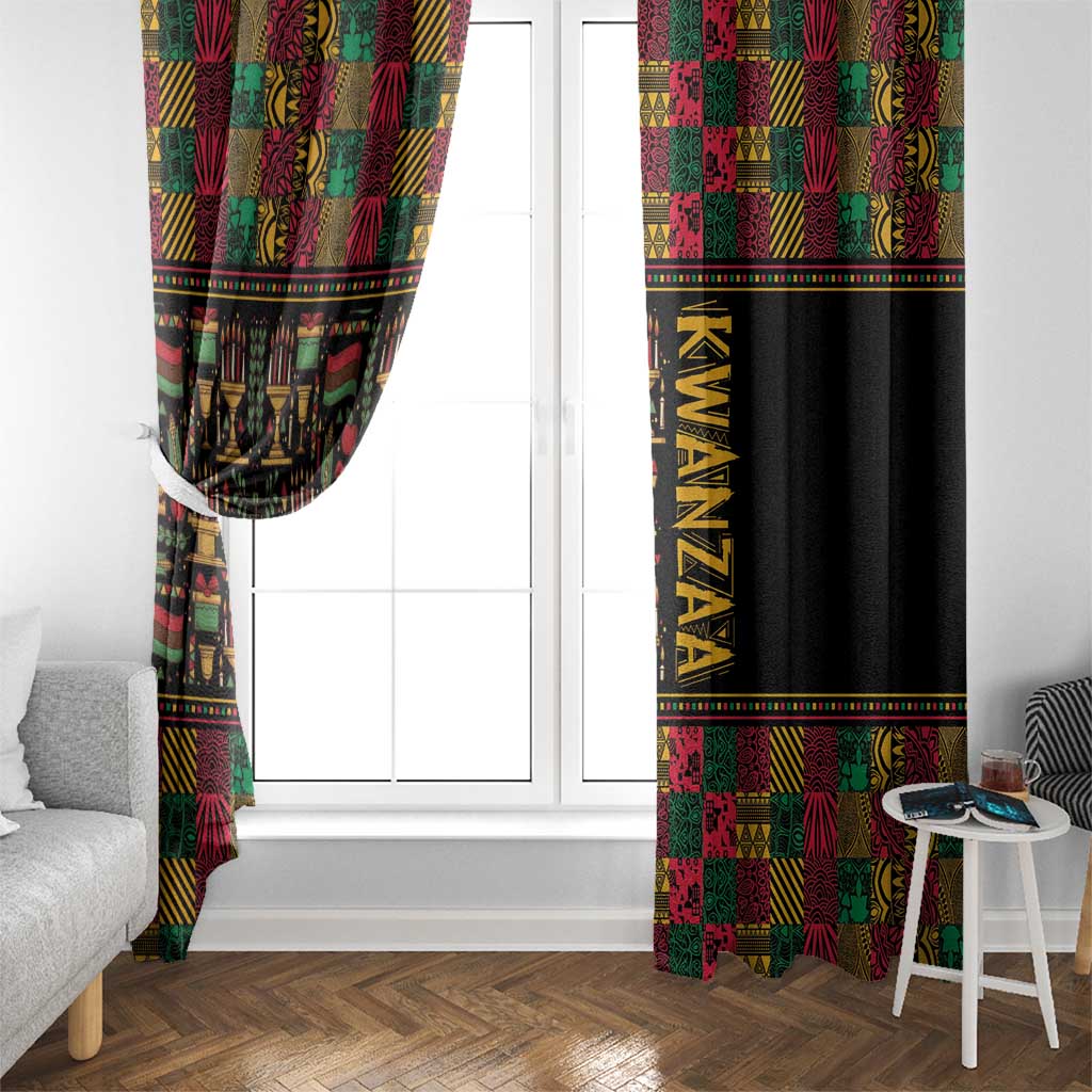 Pair of African patterned window curtains with black panel and gold KWANZAA stripe