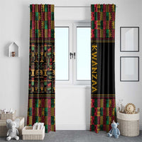 African pattern window curtains with black section and gold KWANZAA text, hanging wide
