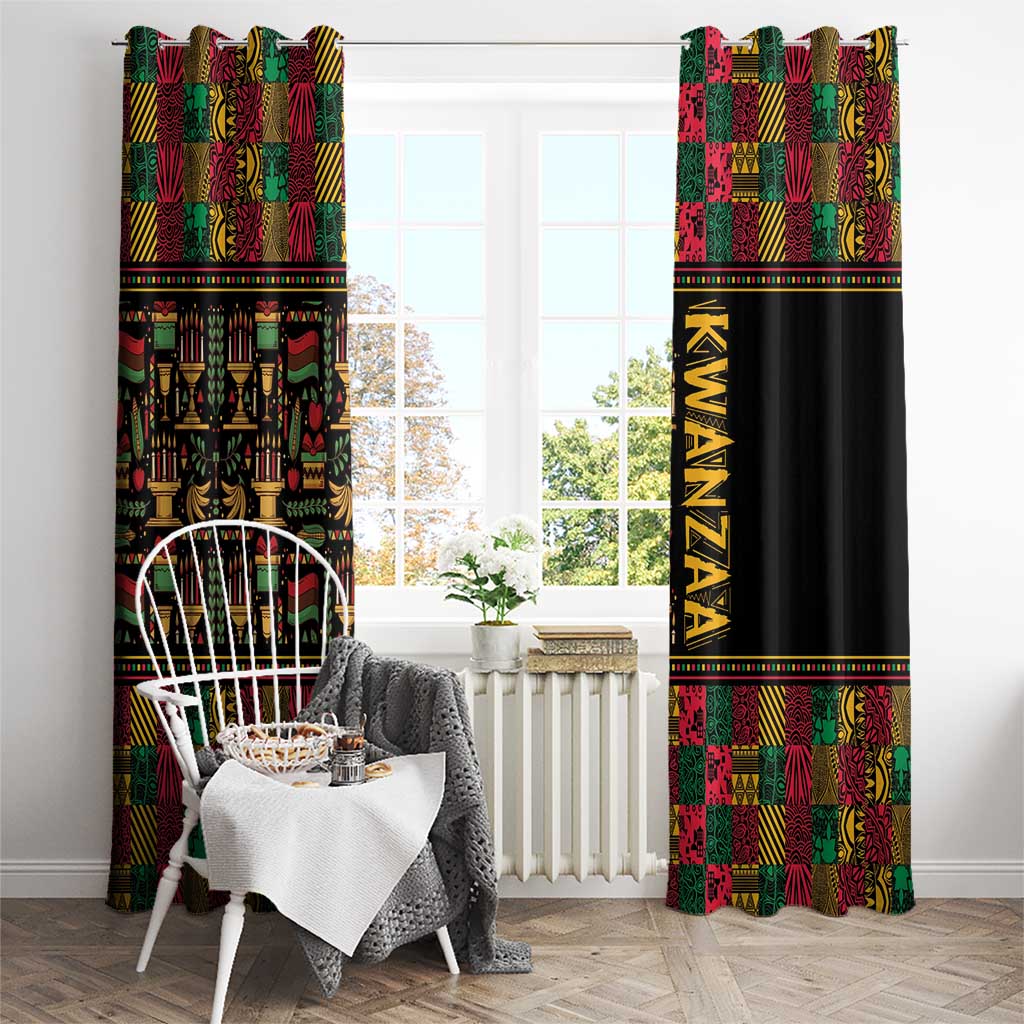 Two African pattern window curtains with black strip and gold KWANZAA wordmark