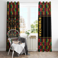Two African pattern window curtains with black strip and gold KWANZAA wordmark