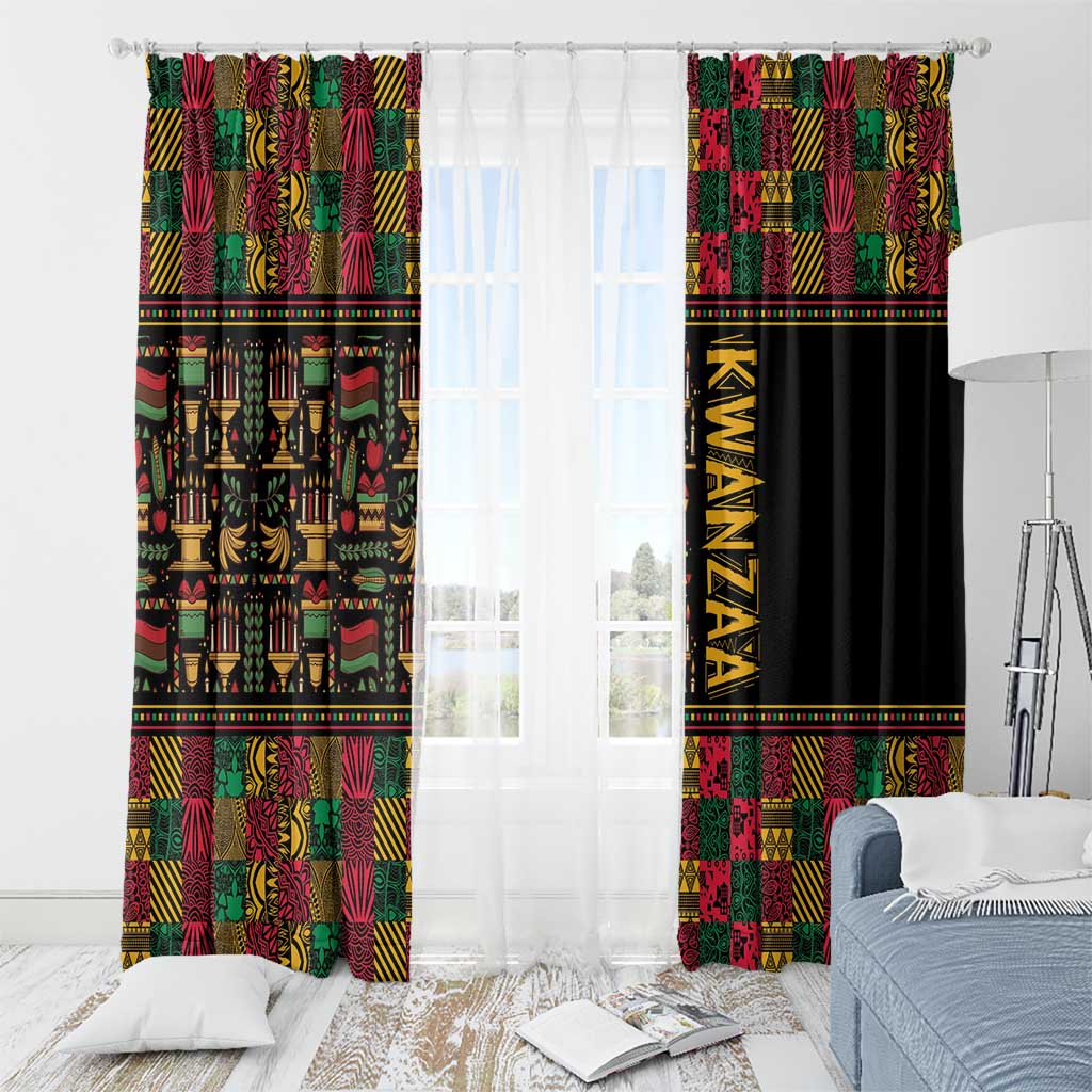 African pattern window curtains with sheer overlay and black panel showing gold KWANZAA text
