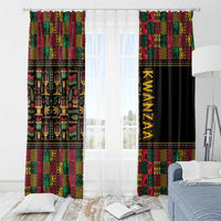 African pattern window curtains with sheer overlay and black panel showing gold KWANZAA text