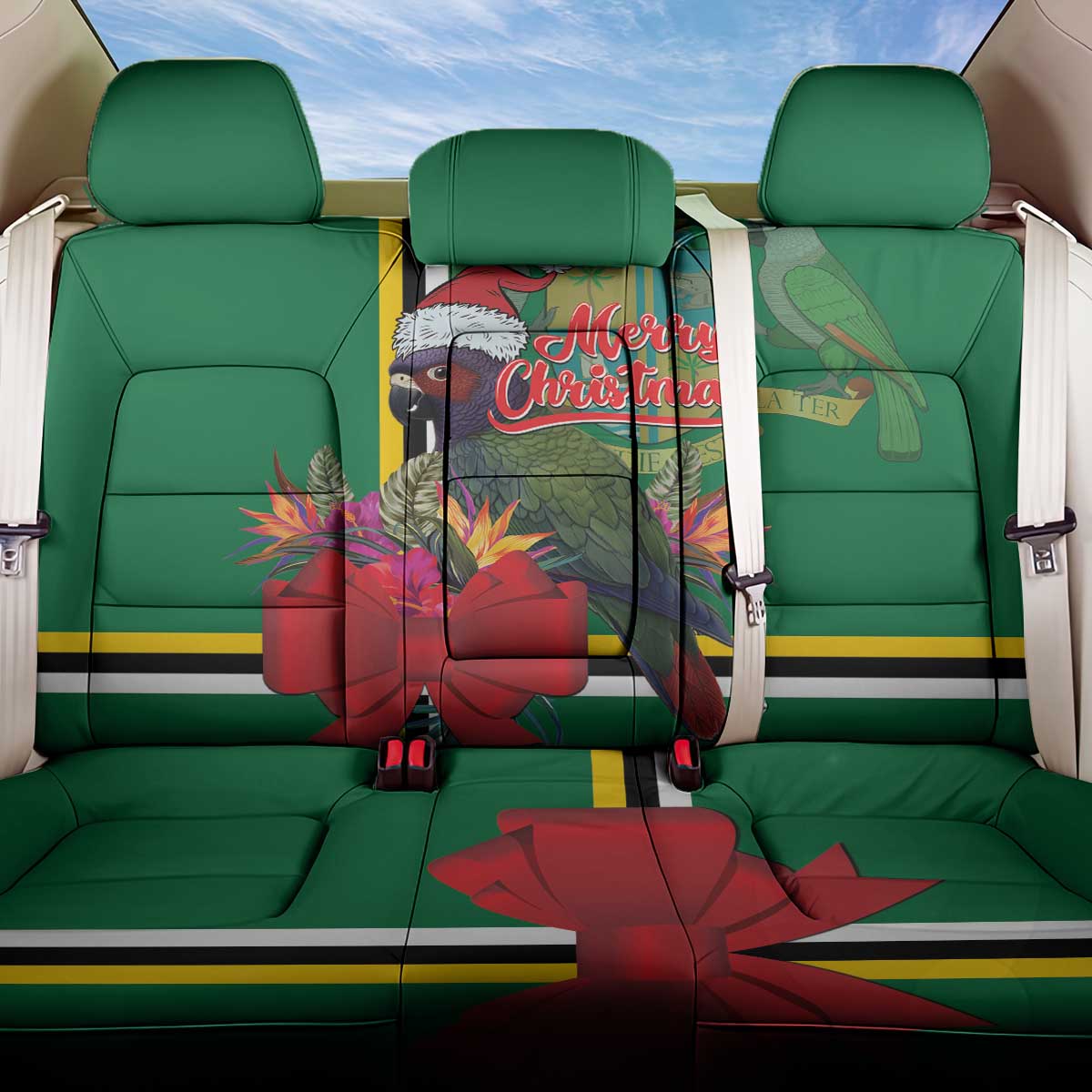 Dominica Christmas Coquette Bow Back Car Seat Cover Sisserou Parrot Tropical Flower - Wonder Print Shop