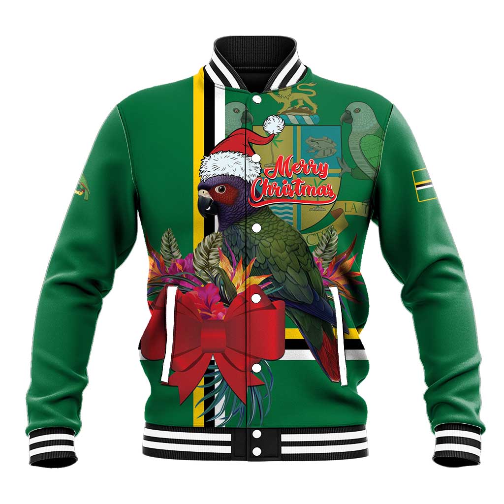 Green baseball jacket with parrot graphic, red ribbon bow, and Merry Christmas text