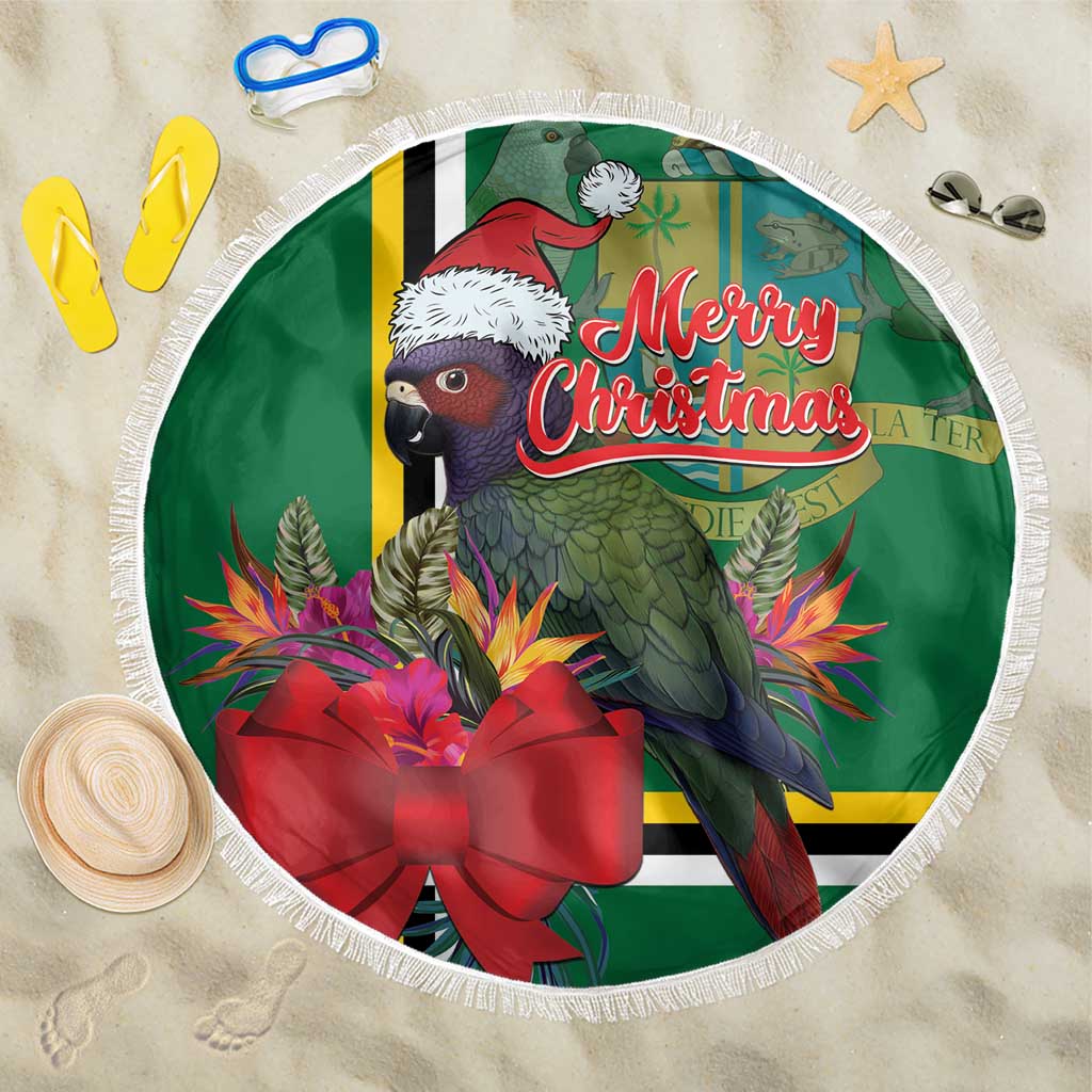 Round green Christmas tropical parrot beach blanket with white fringe edging