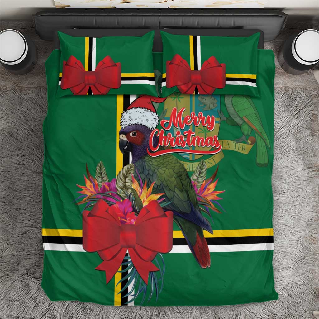 Green Christmas bedding set with red bow accents, parrot, tropical flowers, and stripes