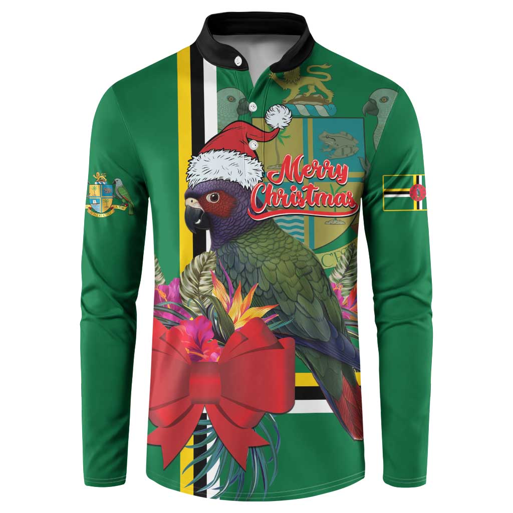Green sweatshirt with black collar, button placket, and 'Merry Christmas' parrot graphic