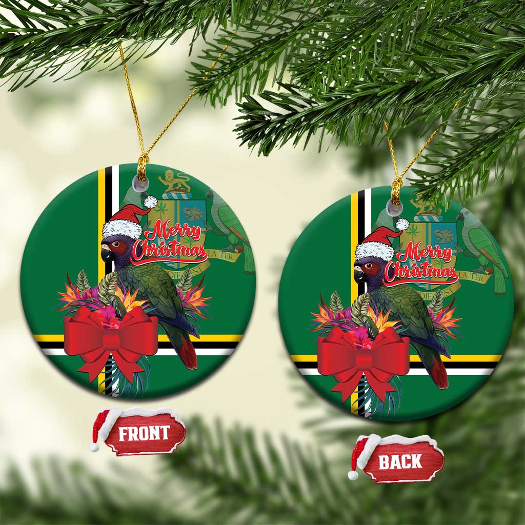 Green round ceramic ornament with parrot, red bow, and Merry Christmas text.