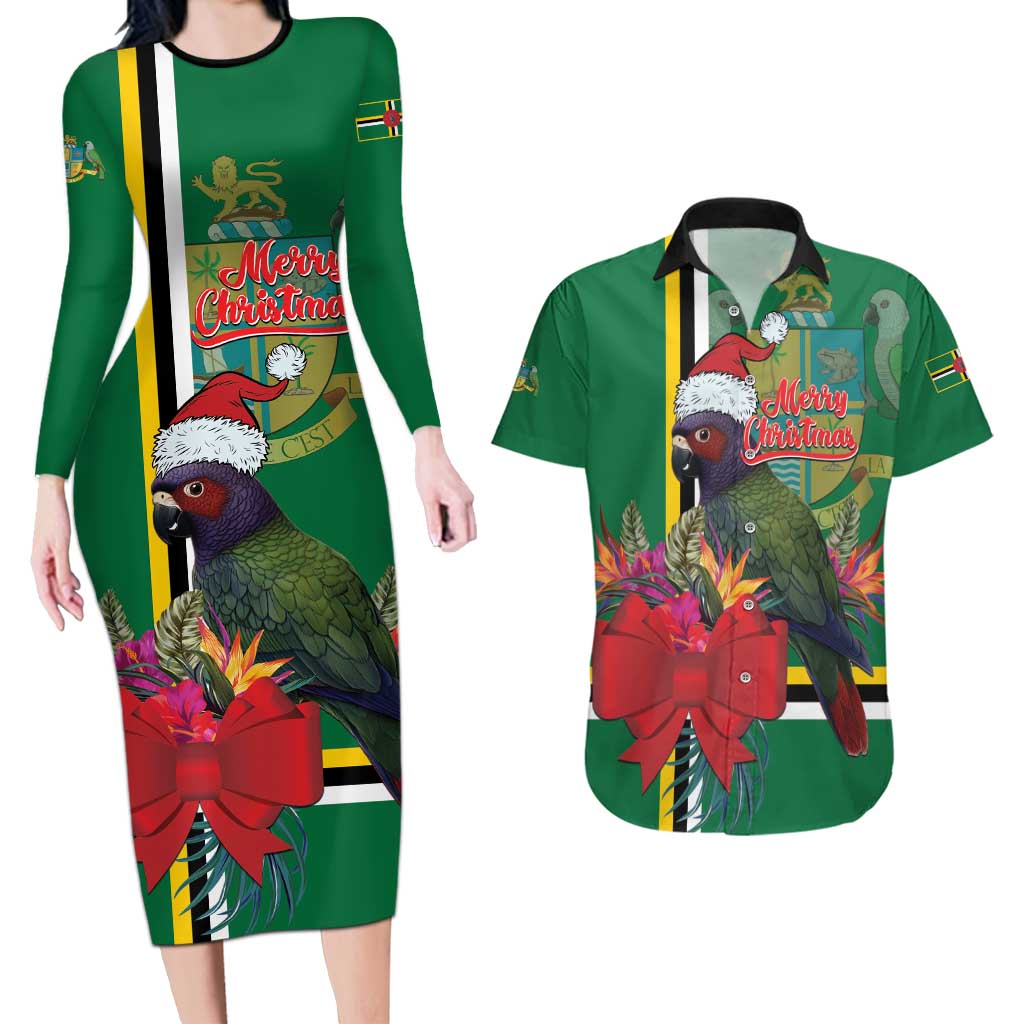 Dominica Christmas Coquette Bow Couples Matching Long Sleeve Bodycon Dress and Hawaiian Shirt Sisserou Parrot Tropical Flower - Wonder Print Shop