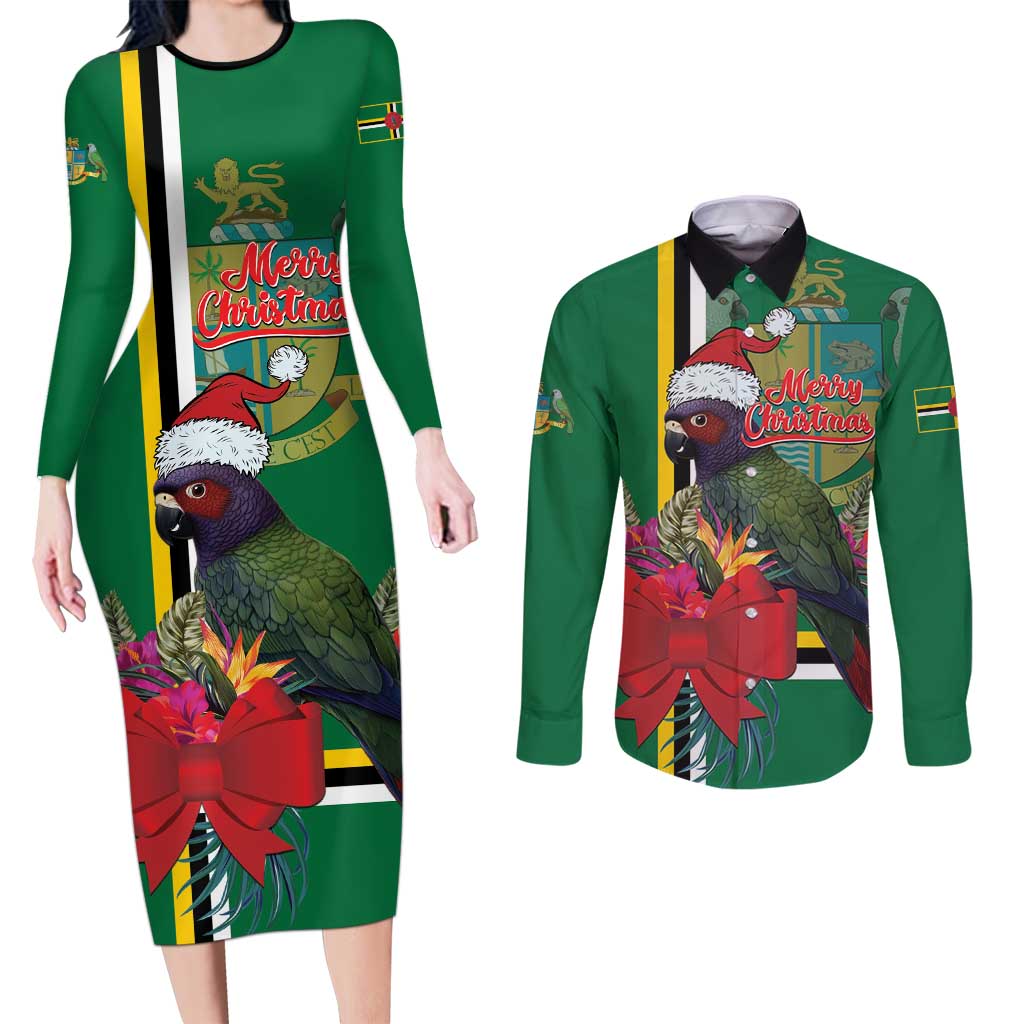 Dominica Christmas Coquette Bow Couples Matching Long Sleeve Bodycon Dress and Long Sleeve Button Shirt Sisserou Parrot Tropical Flower - Wonder Print Shop