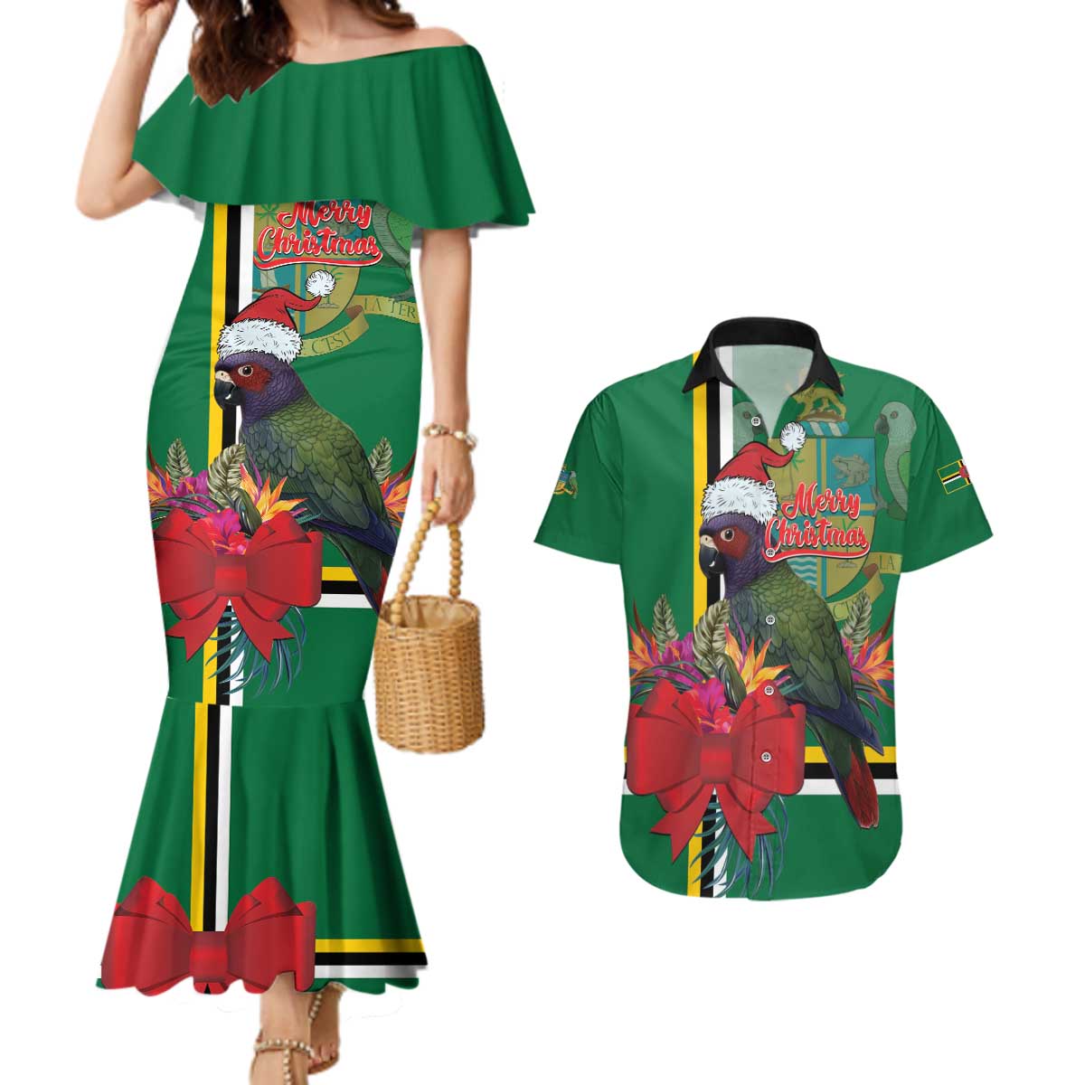 Dominica Christmas Coquette Bow Couples Matching Mermaid Dress and Hawaiian Shirt Sisserou Parrot Tropical Flower - Wonder Print Shop