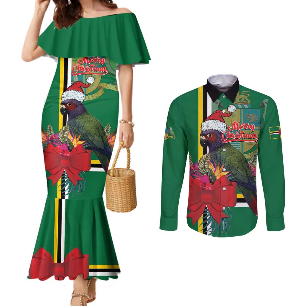 Dominica Christmas Coquette Bow Couples Matching Mermaid Dress and Long Sleeve Button Shirt Sisserou Parrot Tropical Flower