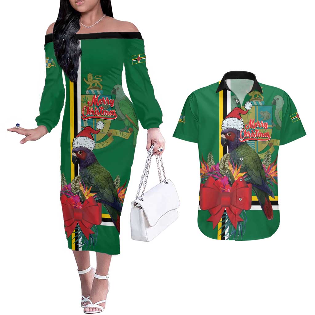 Dominica Christmas Coquette Bow Couples Matching Off The Shoulder Long Sleeve Dress and Hawaiian Shirt Sisserou Parrot Tropical Flower - Wonder Print Shop