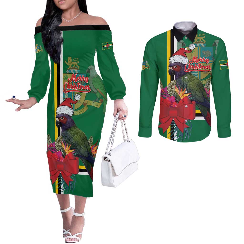 Dominica Christmas Coquette Bow Couples Matching Off The Shoulder Long Sleeve Dress and Long Sleeve Button Shirt Sisserou Parrot Tropical Flower